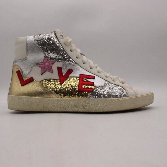 Saint Laurent Paris Love Women's EU 39 Mid Top Sneakers White Leather Glitter - Picture 1 of 13